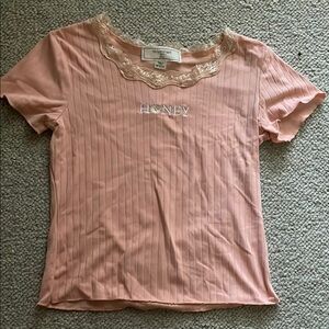 Girls Pink Ribbed Top with Lace Detail